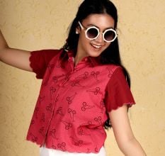 Handcrafted Cherry Top with Scallop Hems Cotton Shirt